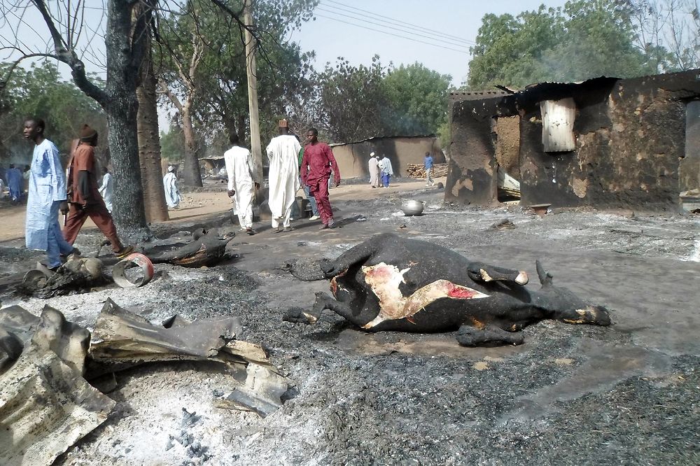 People walk past the burnt carcass of a cow after Boko Haram attacks at Dalori village on the outskirts of Maiduguri in northeastern Nigeria on January 31, 2016. Around 50 people were killed when Boko Haram fighters armed with guns and explosives attacked a village in northeastern Nigeria, medics and local residents said on on January 31. Nigeria's army said the gunmen attacked Dalori just outside the northern city of Maiduguri late on January 30, burning down the village and sending residents fleeing into the bush. / AFP / STRINGER