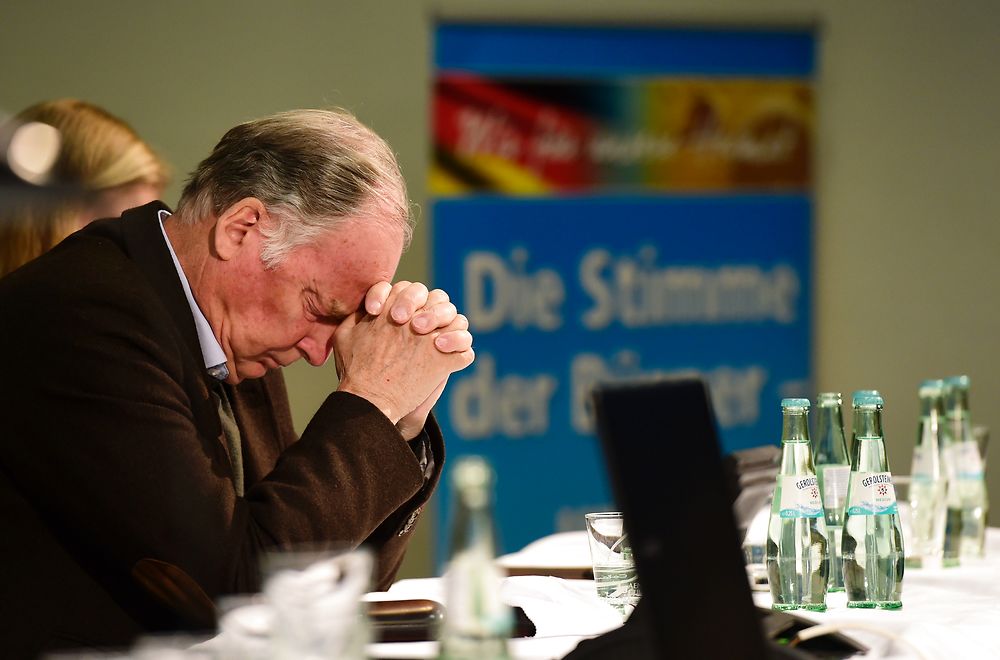 Alexander Gauland of the right-wing populist Alternative for Germany (AfD) party attends an election rally in Magdeburg, eastern Germany on March 11, 2016. Chancellor Angela Merkel's party risks a drubbing at key state elections on March 13, 2016 as voters punish the German leader for her liberal refugee policy, while the right-wing populist AfD eyes major gains as it scoops up the protest vote. / AFP PHOTO / John MACDOUGALL