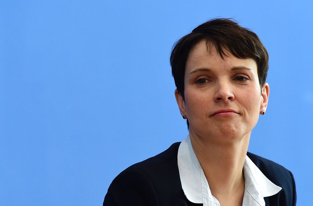 Head of right-wing populist Alternative for Germany (AfD) Frauke Petry attends a press conference in Berlin, on March 14, 2016 a day after election in three regional states. In Sunday's vote, the AfD captured seats into all three states and gained as much as one in four votes in the eastern state of Saxony-Anhalt, emerging as the second biggest party. In Rhineland-Palatinate, it rose to become the third largest. / AFP PHOTO / John MACDOUGALL